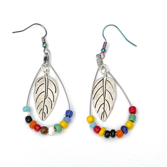 Hand Crafted Jewelry - Leaf and Rainbow Heishi Bead Oval Stainless Steel Hoop and Ear Wire Earrings